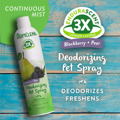 TropiClean EnduraScent Blackberry Pear Puppy Shampoo, with blackberry and pear scent on a wooden surface