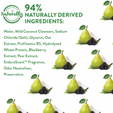 TropiClean EnduraScent Blackberry Pear Puppy Shampoo, label with pear and blackberry illustration and ingredient list on a white background