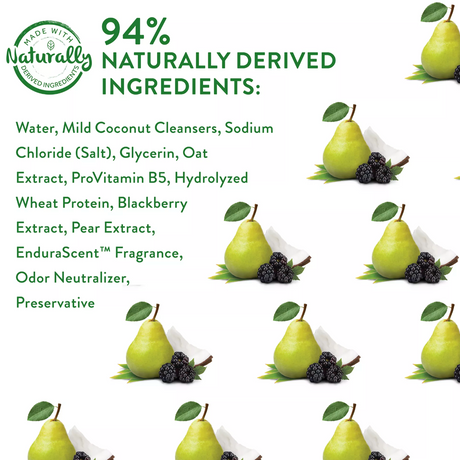 TropiClean EnduraScent Blackberry Pear Puppy Shampoo, label with pear and blackberry illustration and ingredient list on a white background