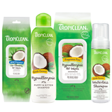TropiClean Coconut Pet Grooming Essentials 4 Kit. Tropiclean coconut pet care products including shampoo, wipes, waterless pet shampoo, and pet ear cleaning wipes. 