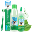 TropiClean Fresh Breath Dog Oral Care 3 Kit. Dog dental care products including a toothbrush, water additive, and gel on a white background.