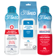 TropiClean OxyMed Itch Relief Pet Grooming 3 Kit. Tropiclean OxyMed pet care itch relief products including shampoo, wipes, and rinse treatment on a white background