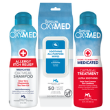 TropiClean OxyMed Itch Relief Pet Grooming 3 Kit. Tropiclean OxyMed pet care itch relief products including shampoo, wipes, and rinse treatment on a white background