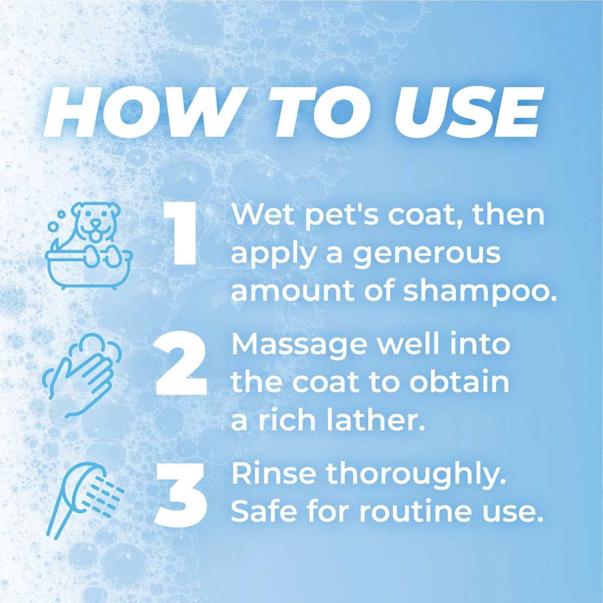 Instructions on how to use TropiClean PURE Breezy Fresh Deluxe 2-in-1 Plant-Based Dog Shampoo and Conditioner with icons and text on a blue background