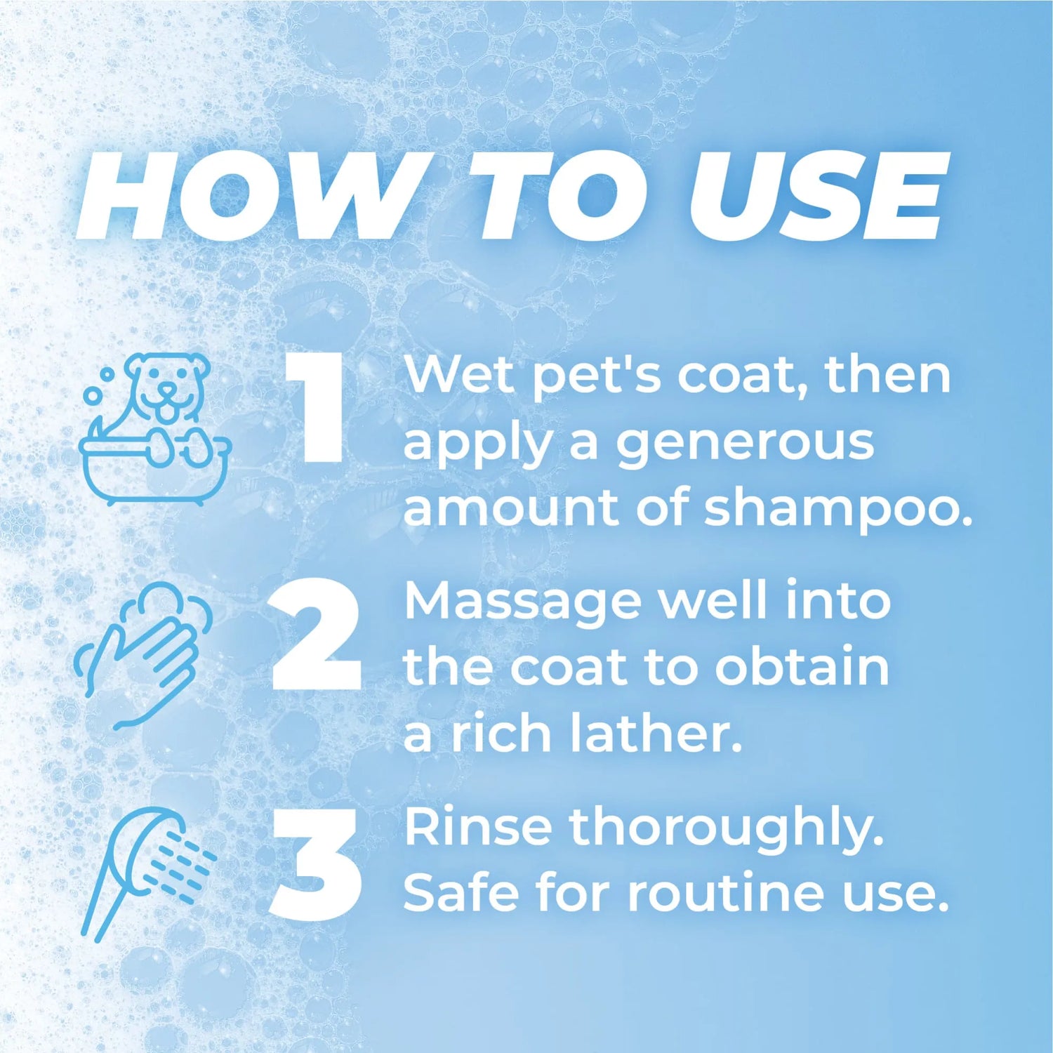 Instructions on how to use TropiClean PURE Breezy Fresh Deluxe 2-in-1 Plant-Based Dog Shampoo and Conditioner with icons and text on a blue background