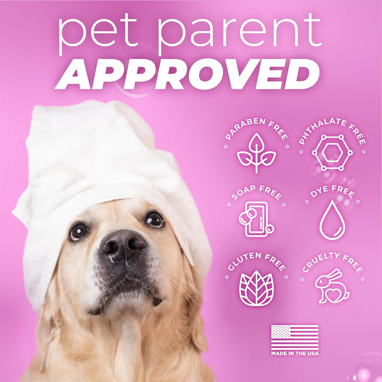 TropiClean PURE Brightening Bliss Whitening Plant-Based Dog Shampoo. Dog with a towel on head against a pink background with 'pet parent approved' text and icons.