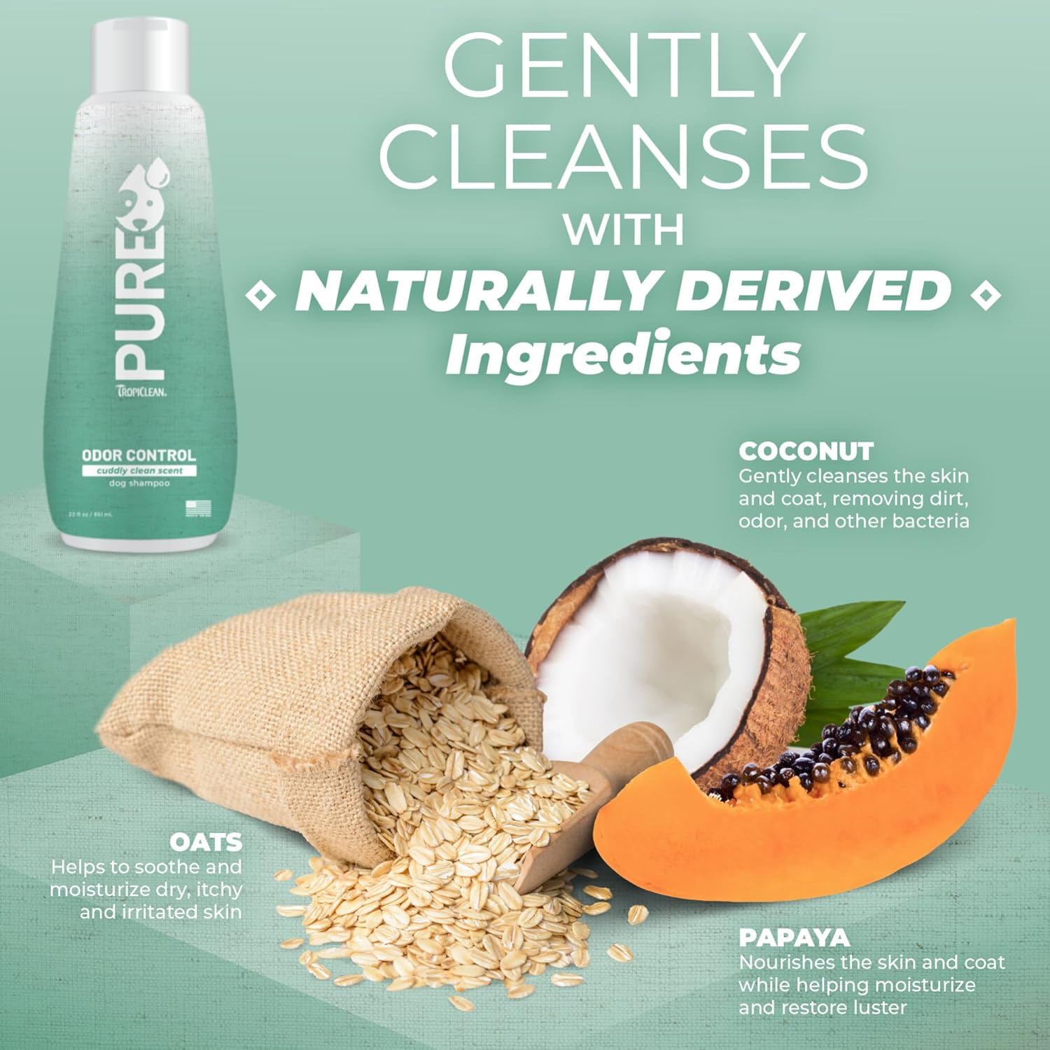 TropiClean PURE Cuddly Clean Odor Control Plant-Based Dog Shampoo, naturally derived ingredients.