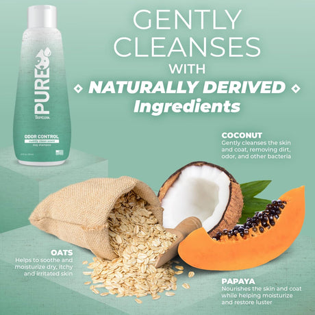 TropiClean PURE Cuddly Clean Odor Control Plant-Based Dog Shampoo, naturally derived ingredients.
