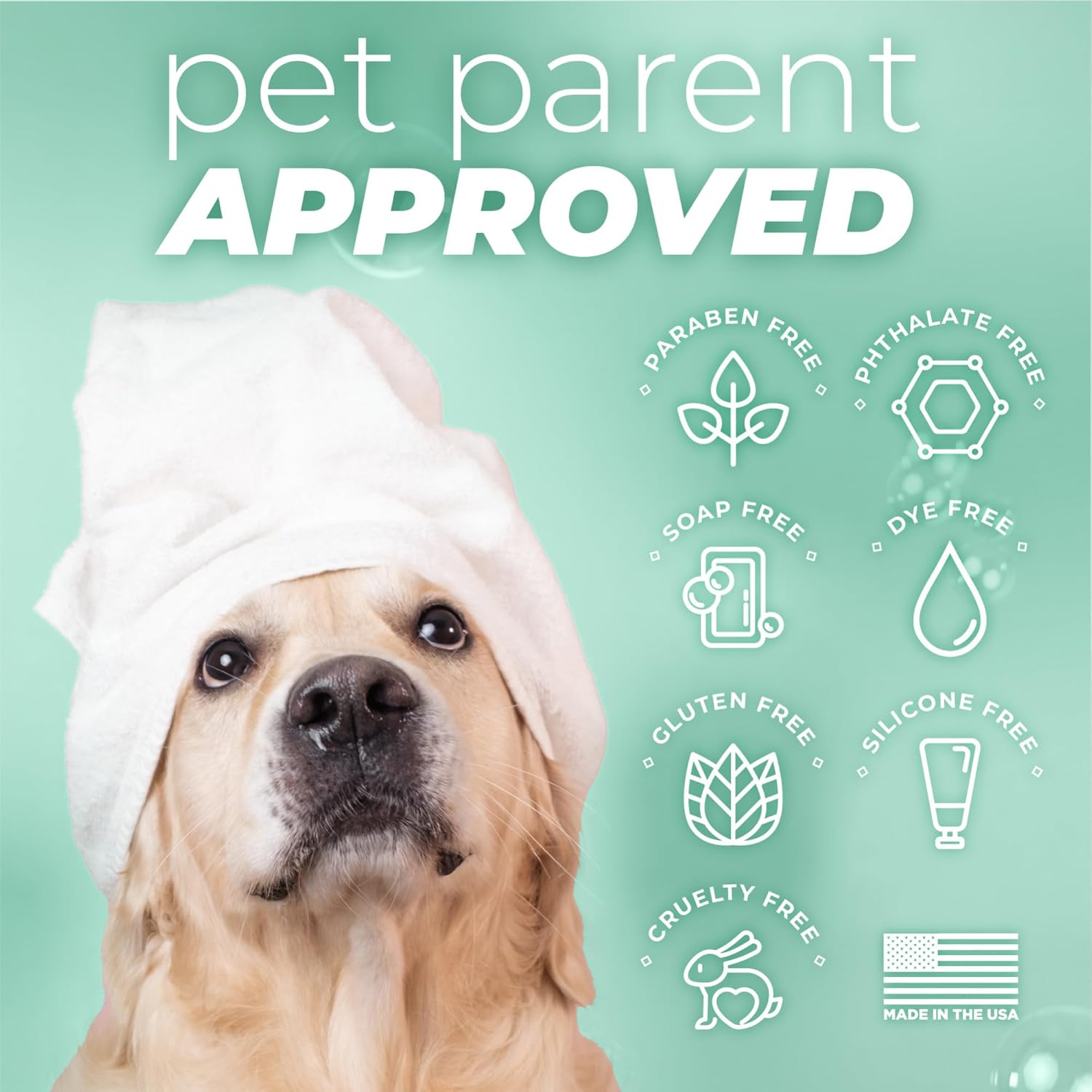 TropiClean PURE Cuddly Clean Odor Control Plant-Based Dog Shampoo. Dog wearing a white towel with 'pet parent APPROVED' text on a teal background