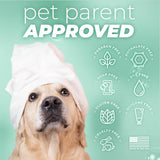 TropiClean PURE Cuddly Clean Odor Control Plant-Based Dog Shampoo. Dog wearing a white towel with 'pet parent APPROVED' text on a teal background