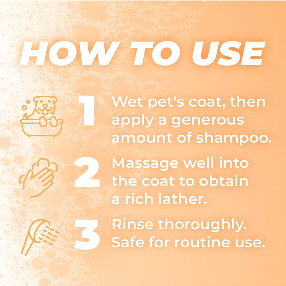 TropiClean PURE Sunset Summer Oatmeal Itch Relief Plant-Based Pet Shampoo, Instructions for using pet shampoo on a textured beige background