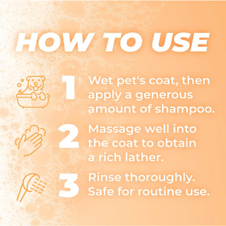 TropiClean PURE Sunset Summer Oatmeal Itch Relief Plant-Based Pet Shampoo, Instructions for using pet shampoo on a textured beige background