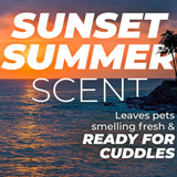 TropiClean PURE Sunset Summer Oatmeal Itch Relief Plant-Based Pet Shampoo, Sunset over water with text overlay 'Sunset Summer Scent' and promotional text.