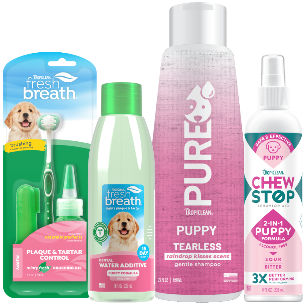 TropiClean Puppy Grooming Starter 4 Kit. Collection of puppy care products including a shampoo bottle, dental water additive, and chew stop spray on a white background.