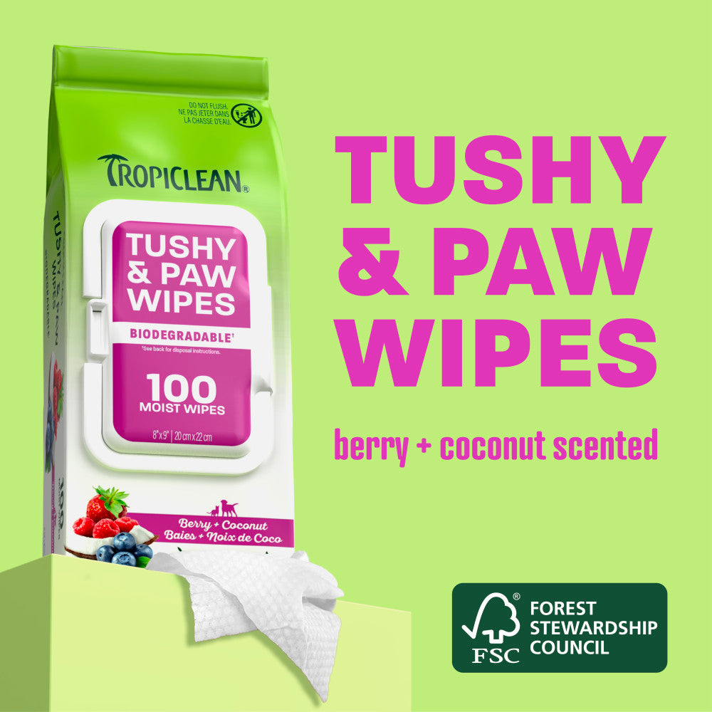 TropiClean Tushy & Paw Wipes on green background