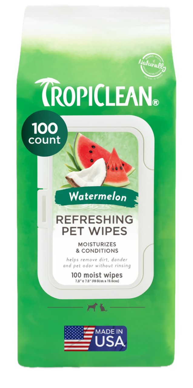 TropiClean Watermelon 2-In-1 Refreshing Wipes for Dogs & Cats, front of package