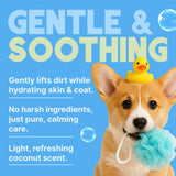 Dog with a loofah and rubber duck on a blue background with product benefits text.