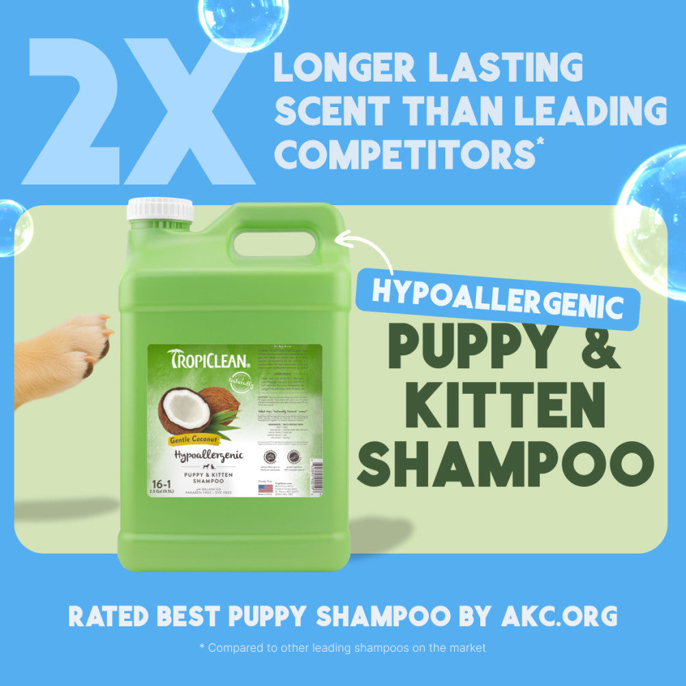 TropiClean puppy and kitten shampoo container with promotional text on a blue background