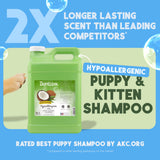 TropiClean puppy and kitten shampoo container with promotional text on a blue background