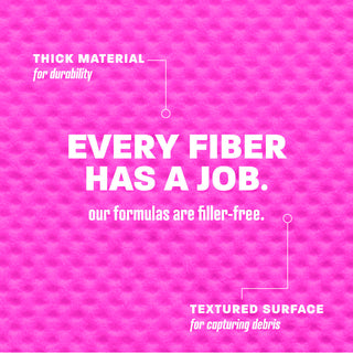 Textured pink surface with white text about fiber durability and formulas.