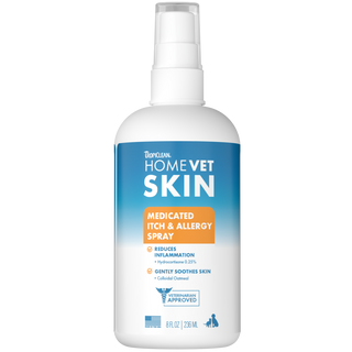 TropiClean HomeVet Medicated Itch & Allergy Pet Spray, front of 8oz spray bottle