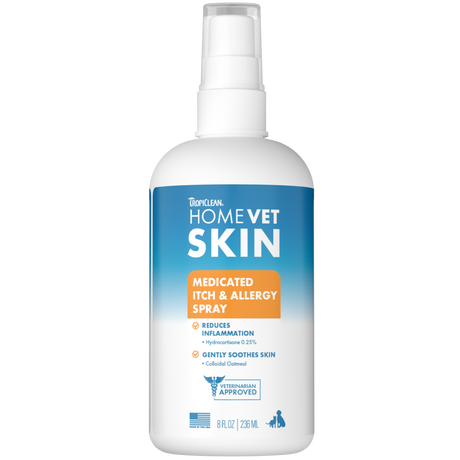 TropiClean HomeVet Medicated Itch & Allergy Pet Spray, front of 8oz spray bottle