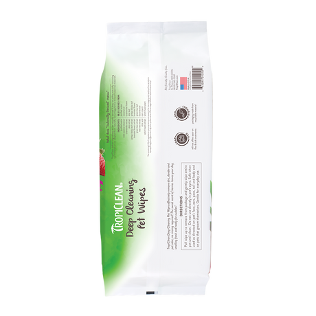 TropiClean Berry & Coconut Deep Cleaning Pet Wipes, back of 100ct package
