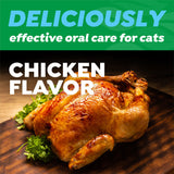 Roasted chicken on a wooden cutting board with text about cat oral care product flavor.