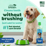 Dog with a bottle of TropiClean Fresh Breath Max Strength Dental Water Additive for Dogs and text about its benefits.
