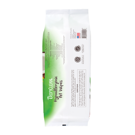 TropiClean Hypoallergenic Cleaning Pet Wipes, image of back of package
