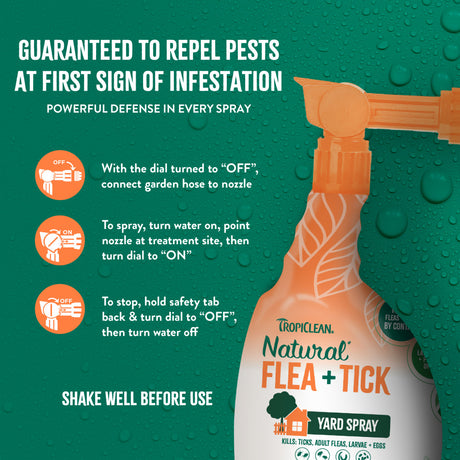 TropiClean Natural Flea + Tick Yard Spray bottle with usage instructions on a green background