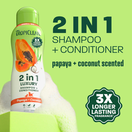 2 in 1 Shampoo and conditioner bottle with soap suds on green background.