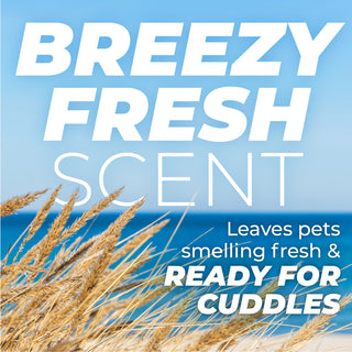 TropiClean PURE All Purpose Plant Based Wipes for Dogs & Cats, text 'Breezy Fresh Scent' and beach scene, featuring sand and grass.