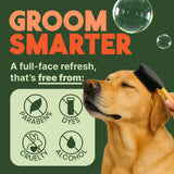 Dog being groomed with a brush, featuring 'Groom Smarter' text and ingredient-free icons