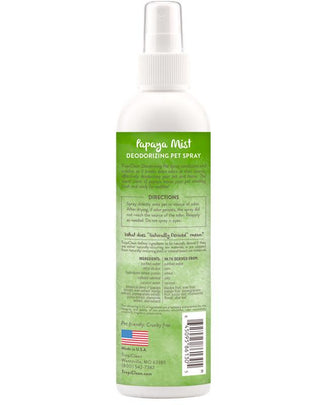 TropiClean Papaya Mist Deodorizing Pet Spray for Dogs & Cats, back of spray bottle