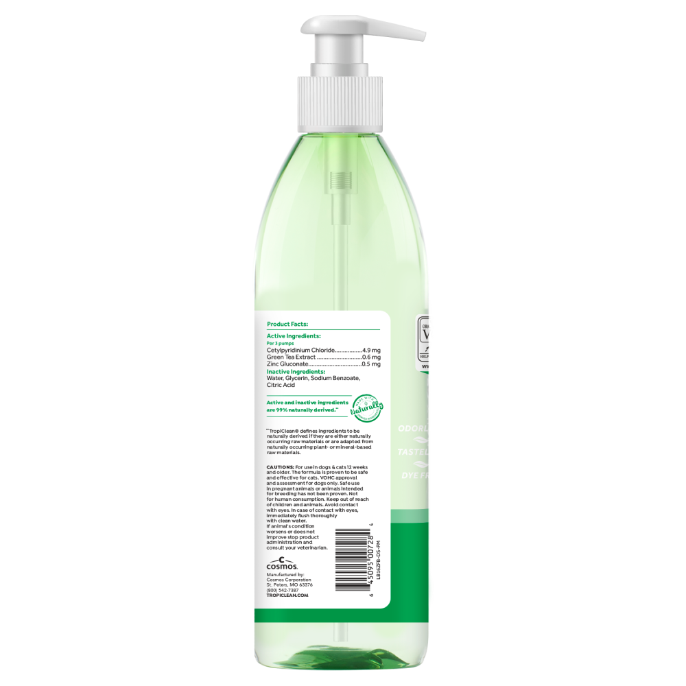 TropiClean Fresh Breath Oral Care Water Additive for Pets, back image of 16oz spray bottle