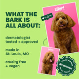 Light green background, brown doodle, "What the bark is all about".