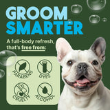 TropiClean Baby Powder Deodorizing Spray for Dogs & Cats. Dog with 'Groom Smarter' text and product features