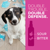 TropiClean Chew Stop Behavior Aid Puppy Spray. Dog with a spray bottle labeled 'Sour Bitter' on a pink background with text.