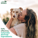 Woman kissing a dog with 'TropiClean Fresh Breath' branding and text about safe, effective, naturally derived ingredients. TropiClean Fresh Breath Finger Dental Wipes for Pets