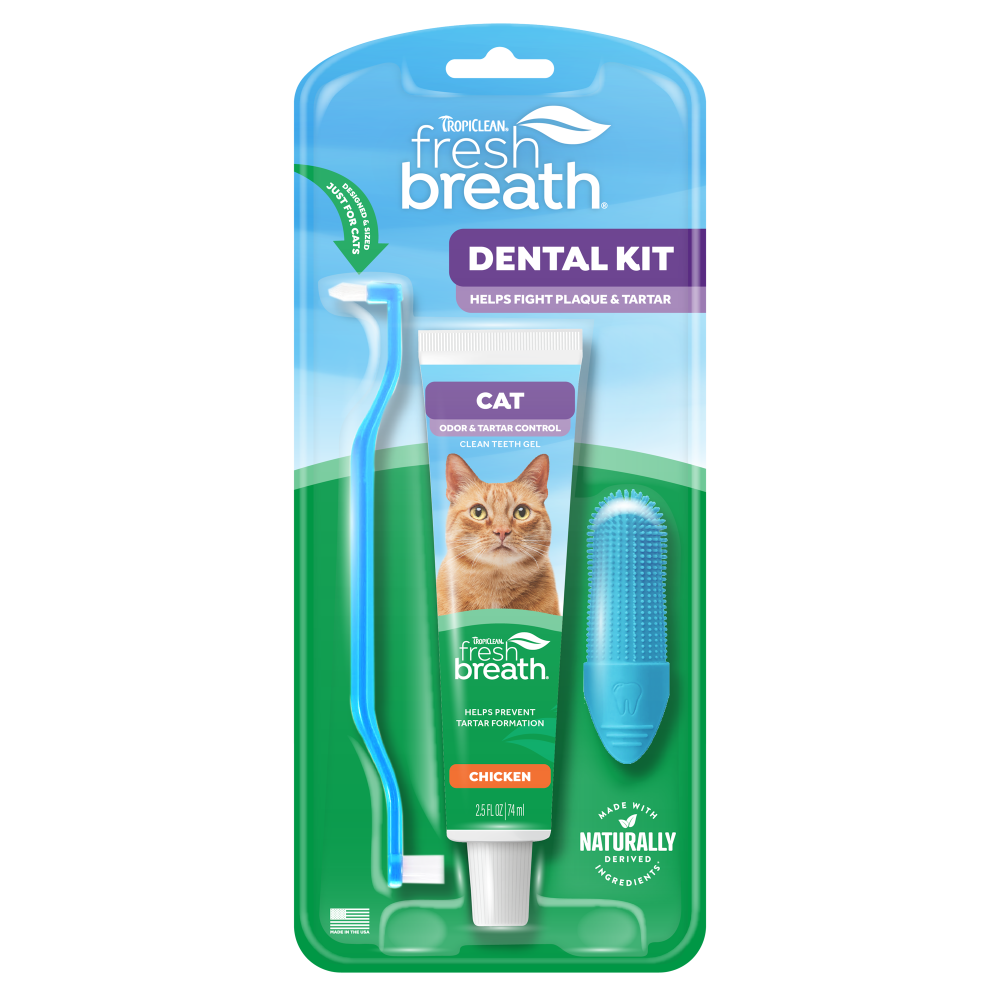 TropiClean Fresh Breath Odor & Tartar Control Dental Kit for Cats, front of package