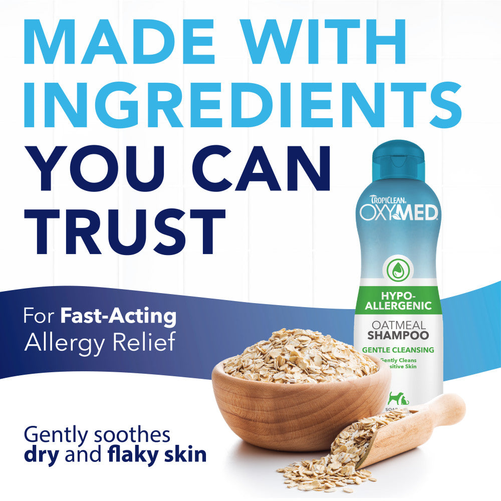 TropiClean OxyMed shampoo bottle with a bowl of oats and text about ingredients you can trust for allergy relief.