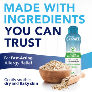 TropiClean OxyMed shampoo bottle with a bowl of oats and text about ingredients you can trust for allergy relief.
