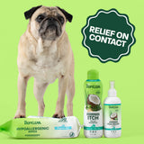 Itchy skin relief trio. Pug touching tropiclean wipes with bottles next to them.