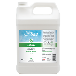 TropiClean OxyMed Hypoallergenic Oatmeal Shampoo for Dogs and Cats, front of 1 gallon bottle.