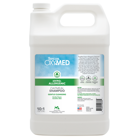 TropiClean OxyMed Hypoallergenic Oatmeal Shampoo for Dogs and Cats, front of 1 gallon bottle.