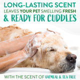 Dog being washed with TropiClean Oatmeal & Tea Tree Medicated Itch Relief Shampoo for Pets, text about long-lasting scent and pet care.