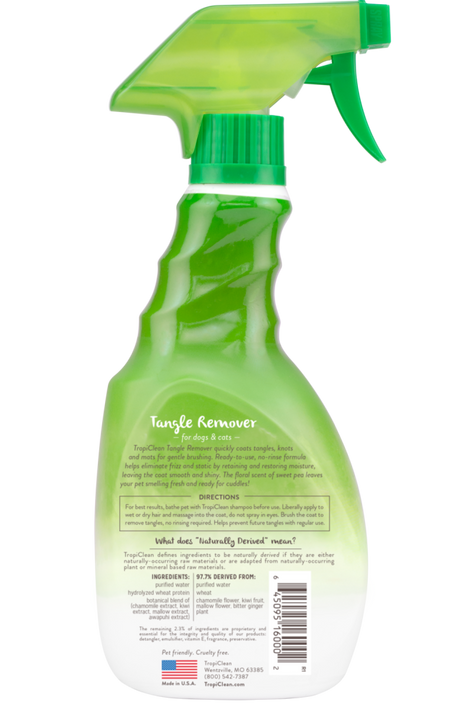 TropiClean Sweet Pea Tangle Remover Spray for Dogs & Cats, back of 16oz spray bottle