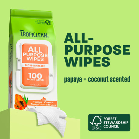 TropiClean wipes pouch on light green background.
