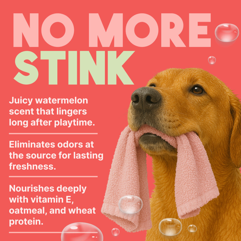Dog with a pink towel on a pink background with text about TropiClean product